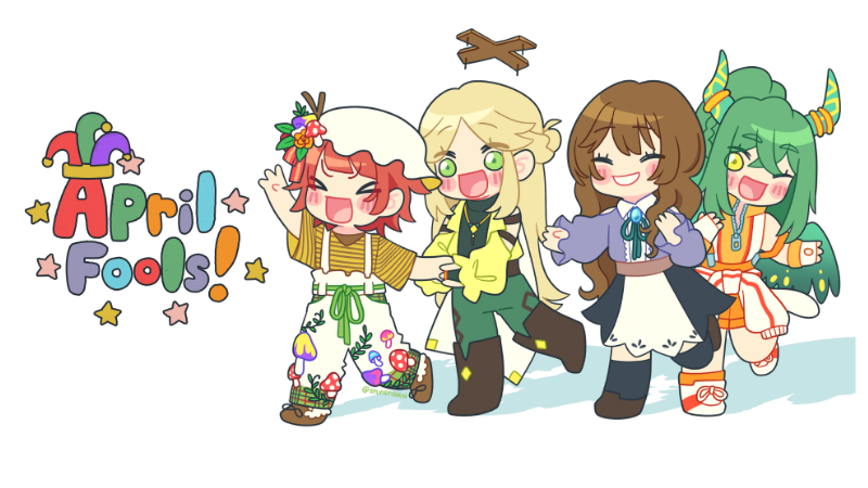 An illustration of the CozyCo girls all wearing each other's outfits