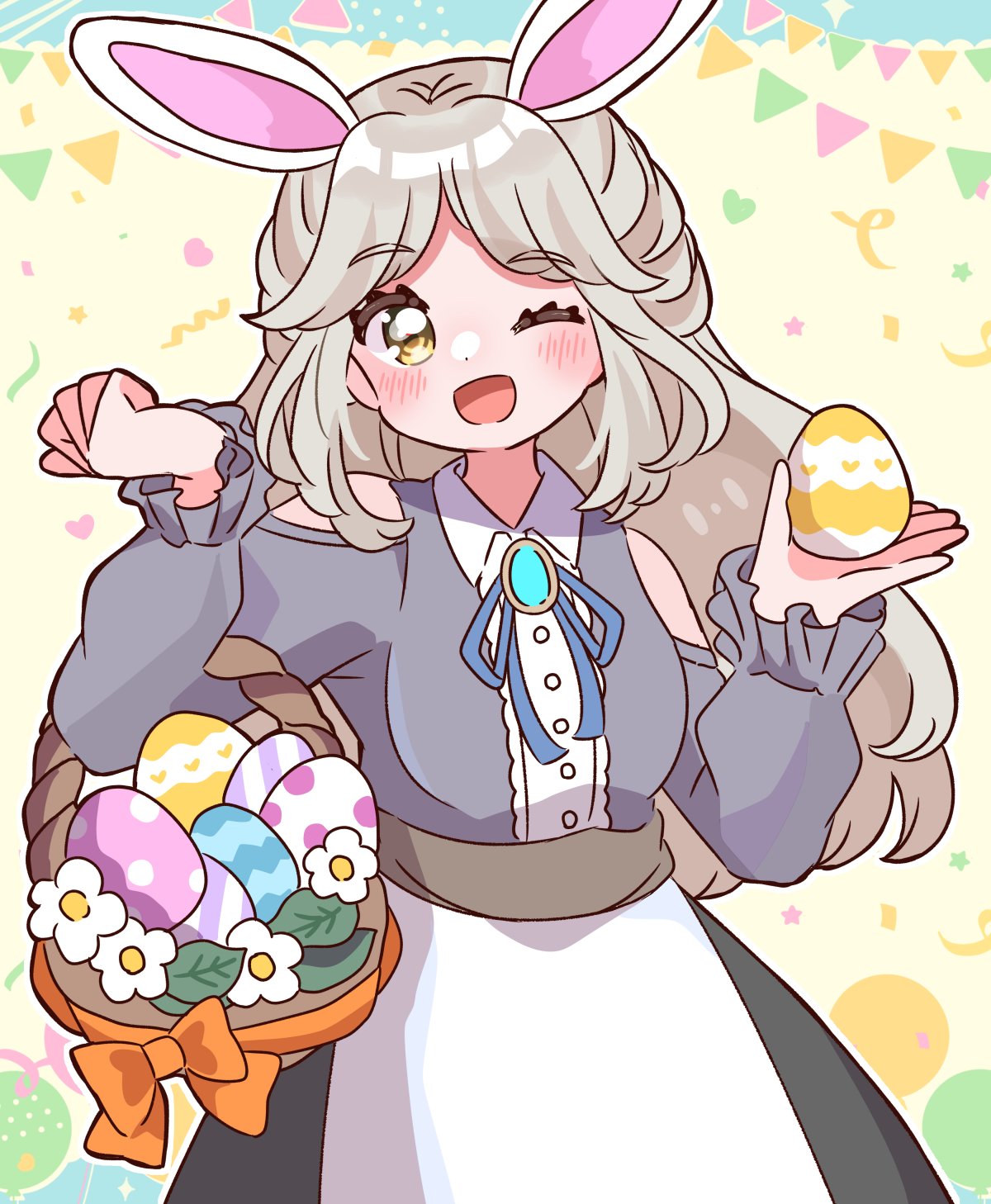 Razaldia as the Easter Bunny with ears holding an Easter Egg