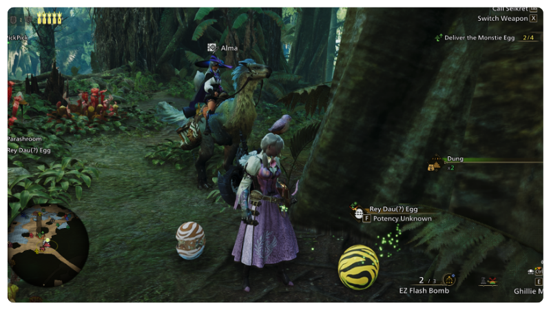 Screenshot of the hunter looking down at an egg in Monster Hunter Wilds