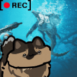 Gif of animated Pickles yelling in the water in front of Lagiacrus.