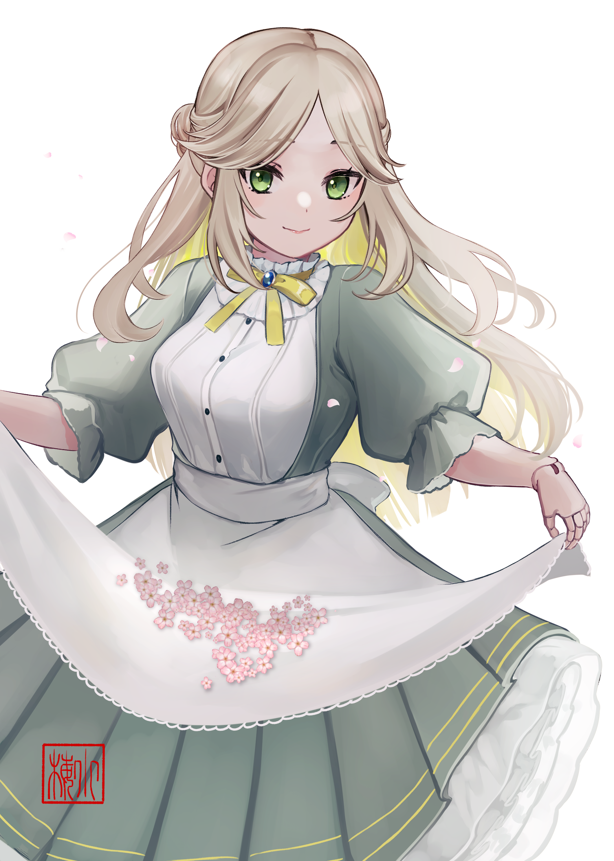 Razaldia catching sakura petals in her apron in a green spring outfit