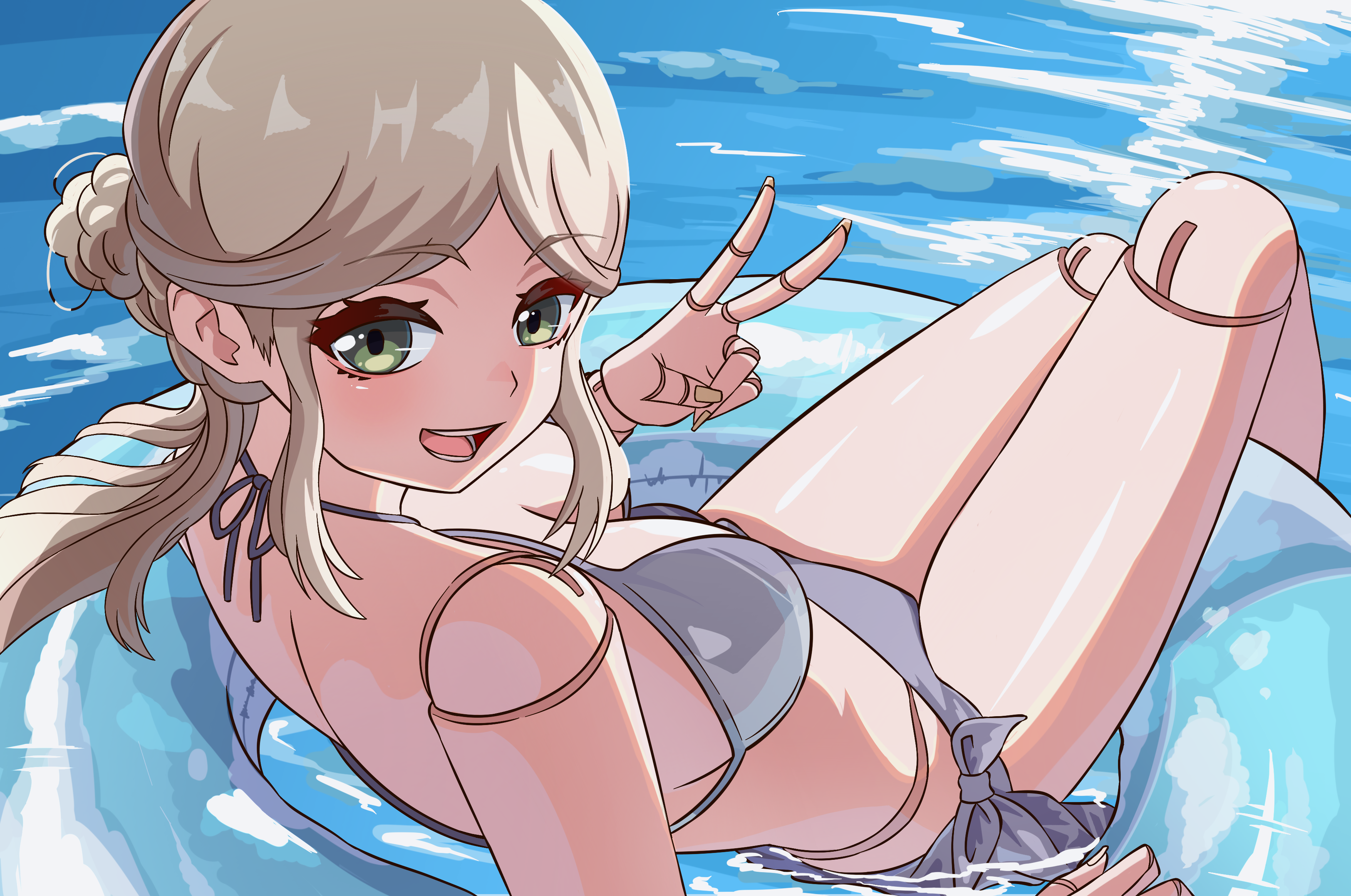Razaldia in an innertube giving a peace sign.